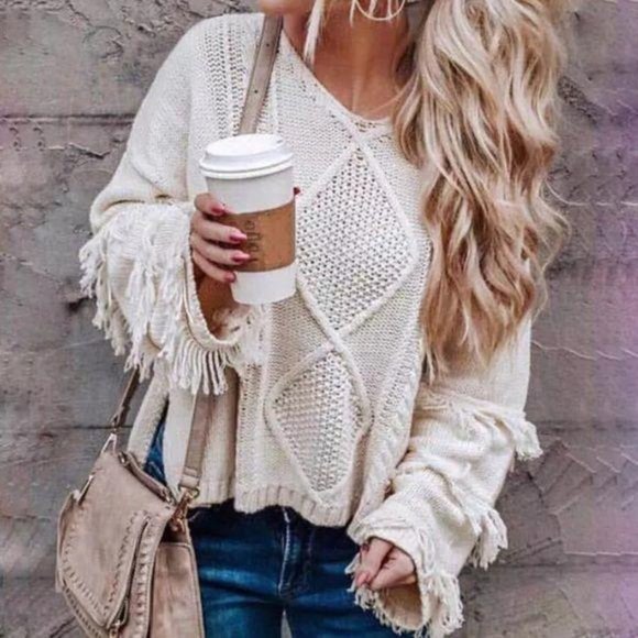 Sweaters - Boho cable knit cream tassel knit sweater ivory